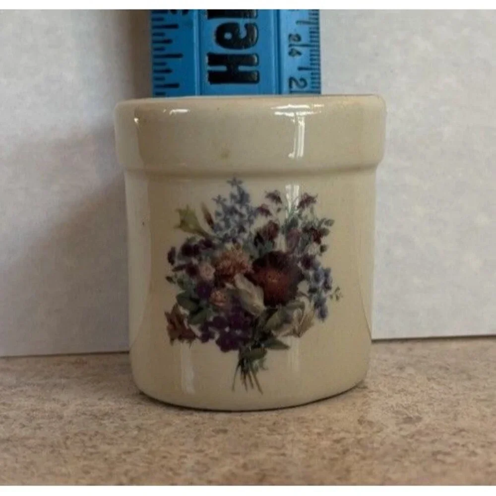 Ceramic Toothpick Holder Small Crock Floral Flowers 2 1/4
